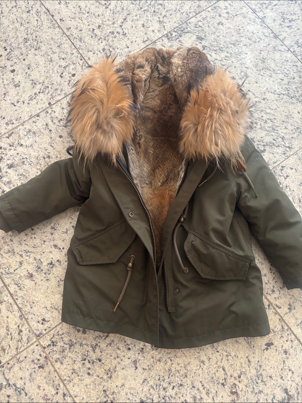 Kids Olive Green Parka Jacket with real Fur Trim